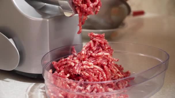 Darált marhahús elkészítése elektromos húsdarálóval. Nyers hús darálóban - Felvétel, videó