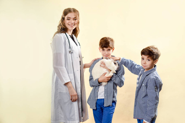 Tierarzt untersucht ein Haustier. krankes Kaninchen. Impfungen für Tiere. Lachender Junge bekommt süßes Haustier-Kaninchen vom Tierarzt in Tierklinik zurück. im Atelier auf hellem Hintergrund - Foto, Bild