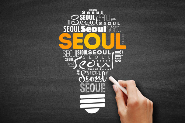 Seoul light bulb word cloud, travel concept - Foto, Imagem