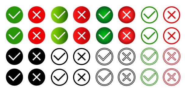 Large set of flat icons isolated on white background green check marks and red crosses, hard and rounded corners - Διάνυσμα, εικόνα