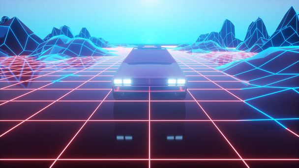 Retro futuristické auto ve stylu 80. let se pohybuje na virtuální neonové krajině. 3D ilustrace - Fotografie, Obrázek