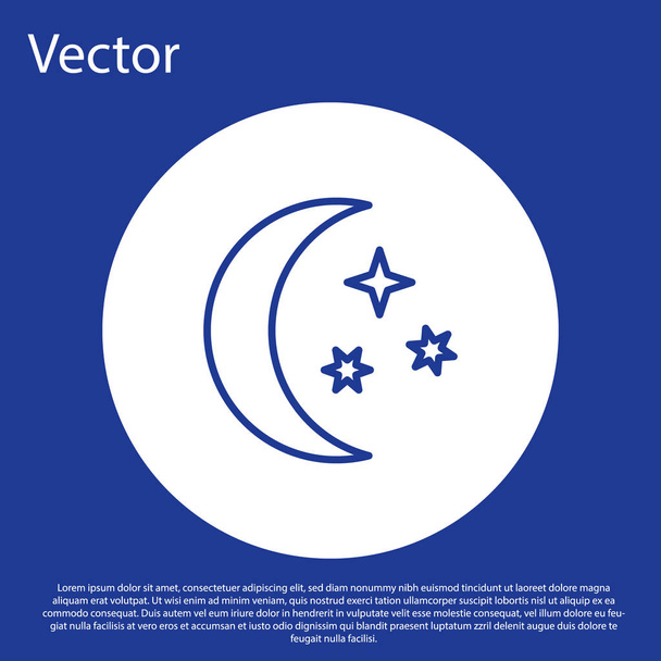 Línea azul Icono de luna y estrellas aislado sobre fondo azul. Botón círculo blanco. Ilustración vectorial
 - Vector, Imagen