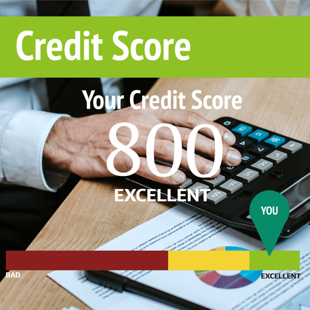 cropped view of trader using calculator near your credit score letters - Photo, Image