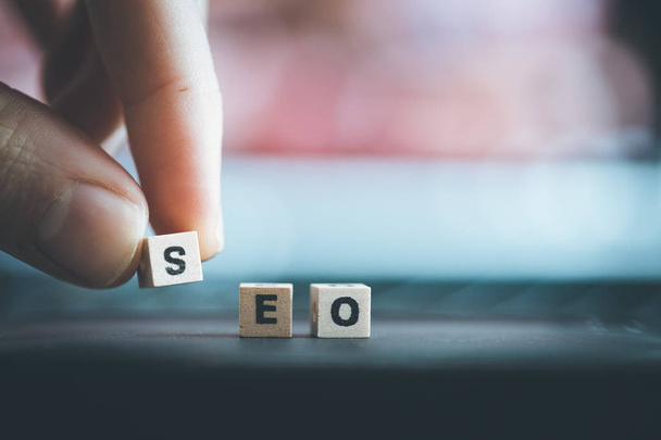 Wood cubes with the word SEO,  picture with copy space. Search engine optimization. - Fotoğraf, Görsel