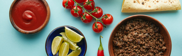 Vista dall'alto di salsa di pomodoro, carne macinata e tortilla su sfondo blu, panoramica
 - Foto, immagini