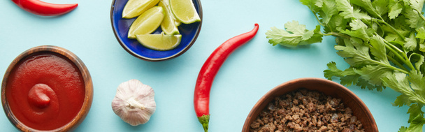 Horní pohled na mleté maso s kečupem, petrželkou a zeleninou na modrém pozadí, panoramatický záběr - Fotografie, Obrázek