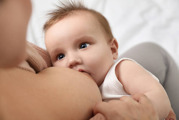 Woman breastfeeding her little baby on blurred background, above - Foto, Imagem