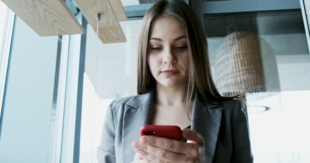 Portrait of young attractive woman looking at smartphone on the office near bif window - Záběry, video