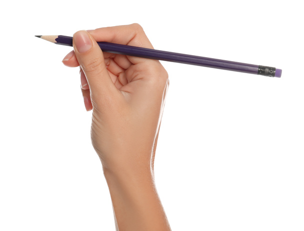 Nő gazdaság közönséges ceruza fehér háttér, közelkép - Fotó, kép