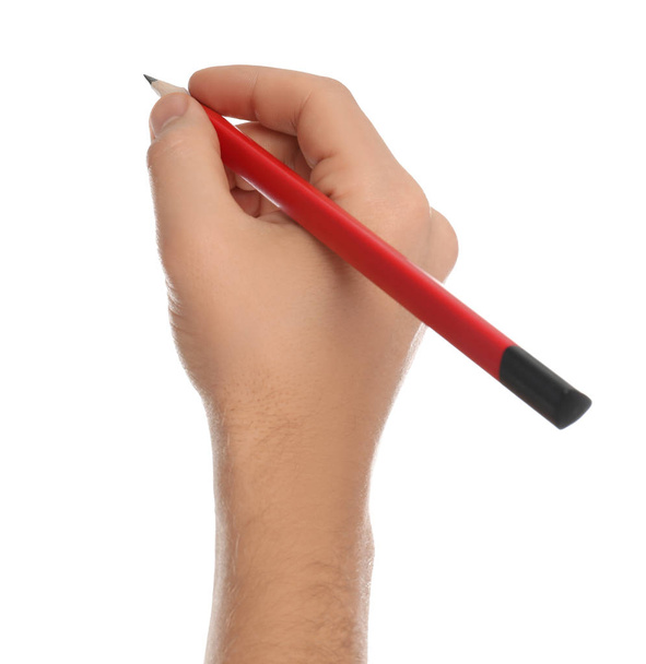 Чоловік тримає звичайний олівець на білому тлі, крупним планом
 - Фото, зображення