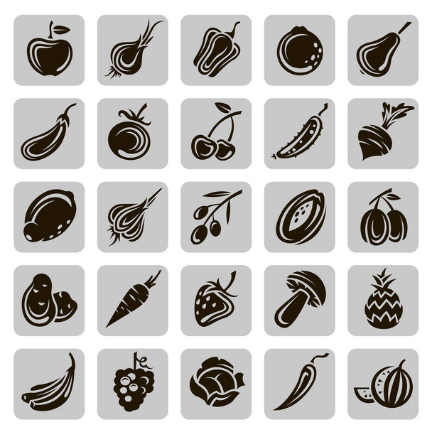 kokoelma erilaisia mustia hedelmiä ja vihanneksia kuvakkeet eristetty harmaalla pohjalla
 - Vektori, kuva