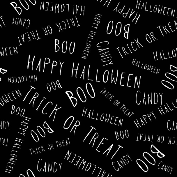 Halloween-Schriftzug. handgeschriebene nahtlose Wiederholungsmuster weiß auf schwarzem Hintergrund. Hintergrund. Vektor. - Vektor, Bild