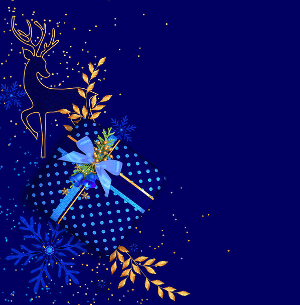 Christmas bright blue background, gift box decorated with ribbon and bow, shiny tinsel, confetti, balls, thuja branch, bell, deer, Happy New Year, 3D rendering, mixed media - Photo, Image