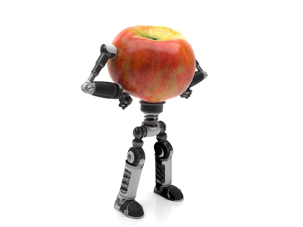 Яблоко с железными руками и ногами. Робот изолирован на белом фоне. Концептуальный творческий образ с копировальным пространством. 3D рендеринг
. - Фото, изображение