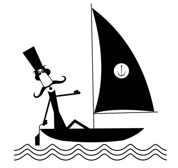 Knír muž plachty na jachtě izolované ilustrace. Vtipný dlouhý knírek muž v horní čepici plachty plachetnice černé na bílém - Vektor, obrázek
