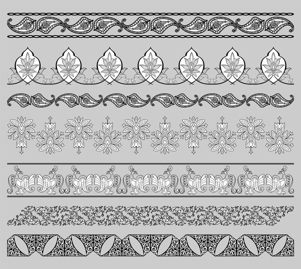 Set of 7 vector arabian ornamental border motifs and frames od floral, paisley and abstract Islamic decor in black and white color - Vector, Imagen