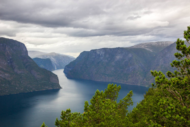 view of the Aurlandsfjord from the Stegastein viewpoint in the mountains of Norway - Foto, Imagem