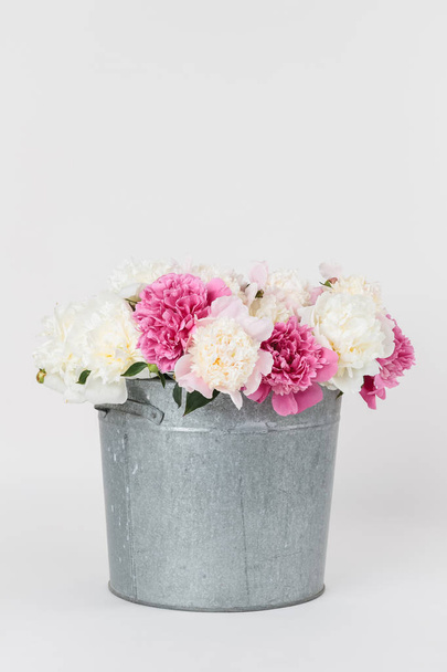Bouquet of white and pink peonies in a metal bucket - 写真・画像