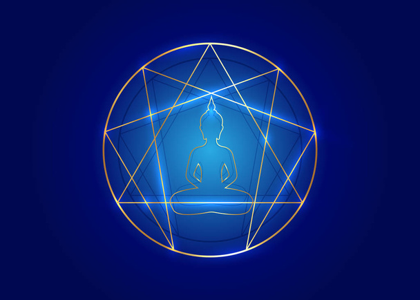Enneagramma yoga design icona piatta per infografica e business. Icona Enneagramma in oro, geometria sacra, con una silhouette buddha meditante al centro, illustrazione vettoriale isolata su sfondo blu
 - Vettoriali, immagini