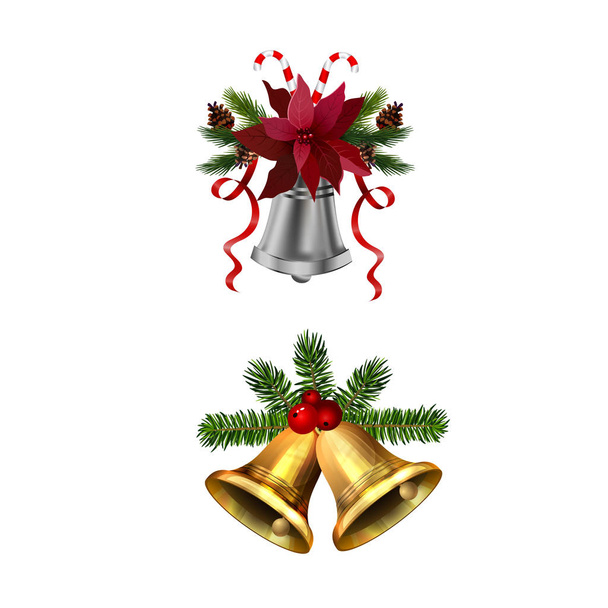 Christmas decorations with fir tree golden jingle bells - Wektor, obraz