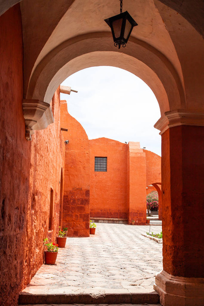 View from the arch to the courtyard in the monastery Saint Catalina, Arequipa, Peru - Photo, Image