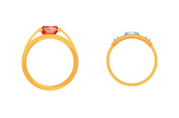 Sieraden vector sieraden gouden trouwring. Gouden ringen met diamanten juwelen accessoires set illustratie geïsoleerd op witte achtergrond. Reclame juwelier - Vector, afbeelding