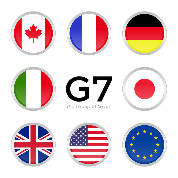 Szczyt G7 oznacza izolowane ikony z Unią Europejską. Prosta konstrukcja wektora flagi okręgu. - Wektor, obraz