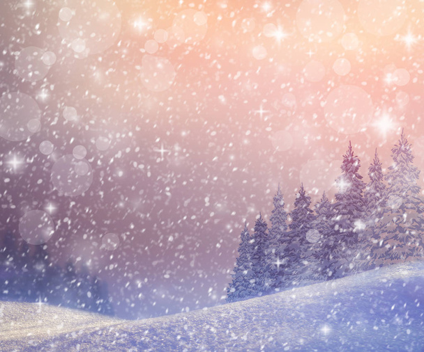 Téli naplemente egy havas erdő felett. Még a tél pasztell hangjai is - Fotó, kép