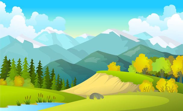 Illustration vectorielle de beaux paysages de champs d'été avec une aube, collines vertes, ciel bleu vif, fond de pays en bannière de style dessin animé plat
 - Vecteur, image