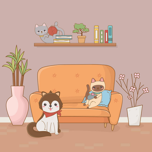 malý pes a kočka maskoti v pokoji - Vektor, obrázek