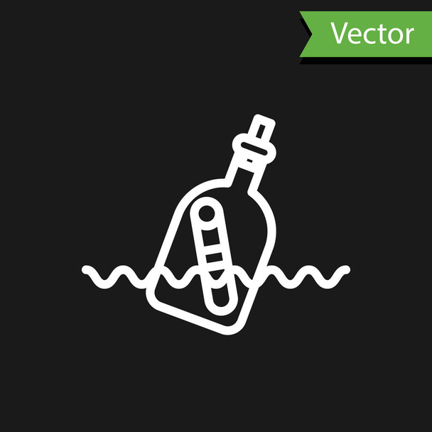 weiße Linie Glasflasche mit einer Botschaft in Wasser-Symbol isoliert auf schwarzem Hintergrund. Buchstabe in der Flasche. Piraten-Symbol. Vektorillustration - Vektor, Bild
