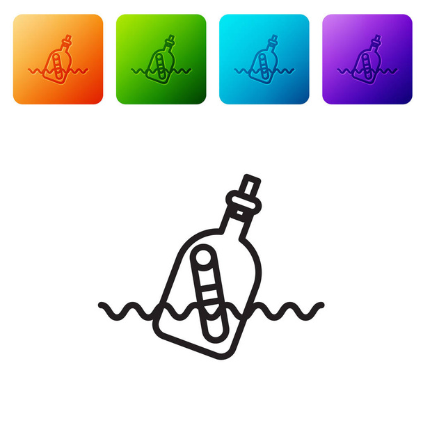 Linea nera Bottiglia di vetro con un messaggio nell'icona dell'acqua isolata su sfondo bianco. Una lettera nella bottiglia. Simbolo dei pirati. Imposta le icone nei pulsanti quadrati a colori. Illustrazione vettoriale
 - Vettoriali, immagini