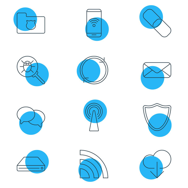 иллюстрация стиля линии 12 иконок сети. табличный набор элементов почты, перезагрузки, ссылок и других иконок
. - Фото, изображение