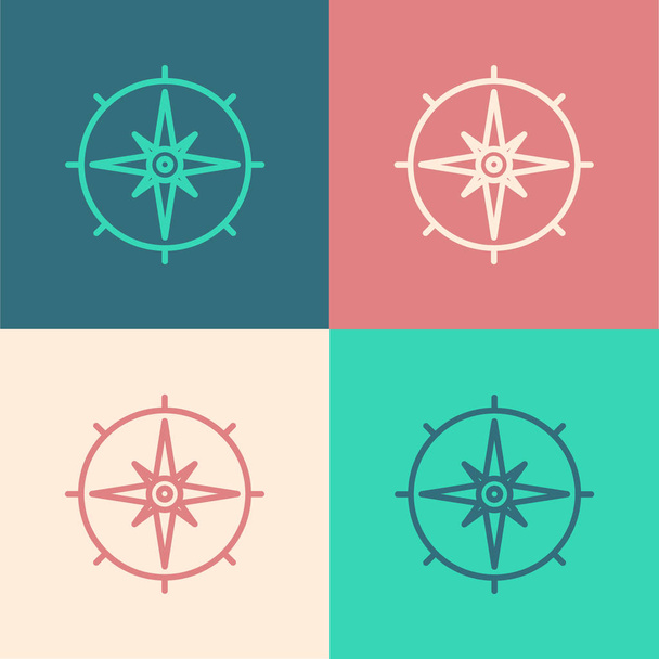 Barevná linka Ikona větrné růže izolovaná na barevném pozadí. Kompas ikony pro cestování. Návrh navigace. Vektorová ilustrace - Vektor, obrázek