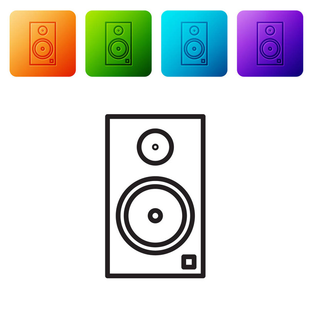 Black line Stereo speaker icon isolated on white background. Sound system speakers. Music icon. Musical column speaker bass equipment. Set icons in color square buttons. Vector Illustration - ベクター画像