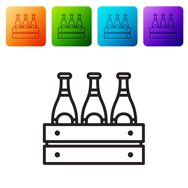 Чорна лінія Пакет пивних пляшок ізольовані на білому тлі. Дерев'яна коробка і пляшки пива. Ящик для ящика для пива. Встановити піктограми у квадратних кнопках кольорів. Векторна ілюстрація
 - Вектор, зображення