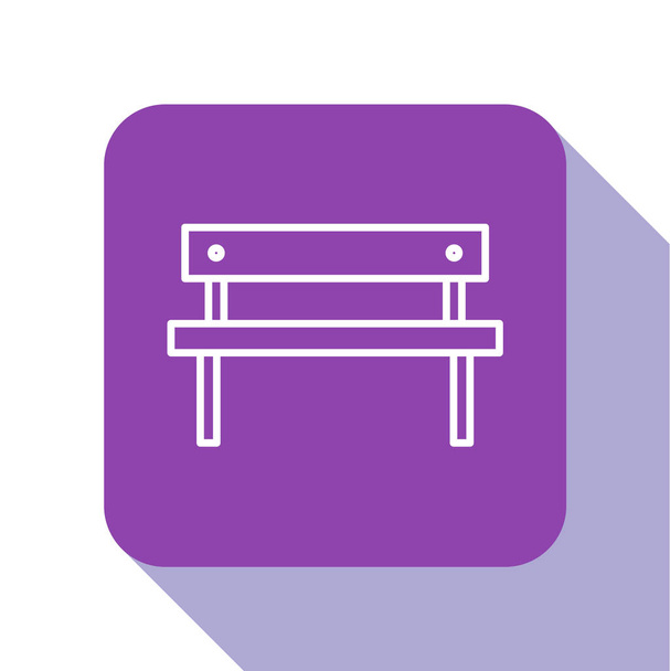 Icono de banco de línea blanca aislado sobre fondo blanco. Botón cuadrado púrpura. Ilustración vectorial
 - Vector, Imagen