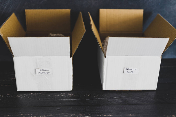 original product vs dupe imitation label inside delivery parcel  - Zdjęcie, obraz