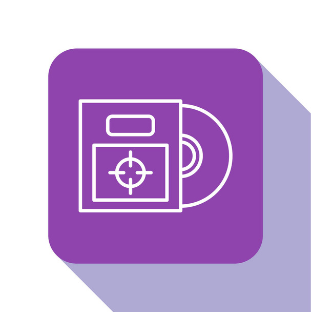 White line CD or DVD disk in box icon isolated on white background. Compact disc sign. Purple square button. Vector Illustration - Vector, Image