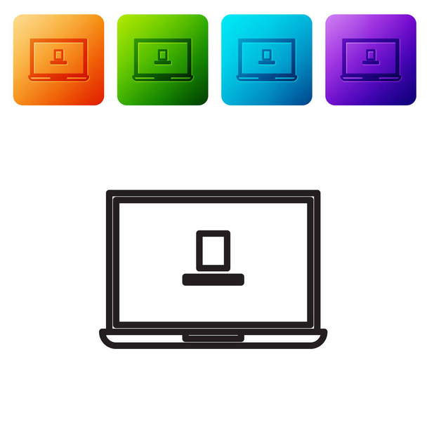 Siyah çizgi dizüstü bilgisayar simgesi beyaz arkaplanda izole edildi. Boş ekran işaretli bilgisayar defteri. Renkli kare düğmelerle simgeleri ayarla. Vektör İllüstrasyonu - Vektör, Görsel