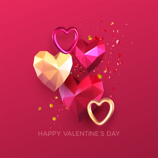 Valentines Day festive background with realistic metallic gold and red ruby low poly heart. Lettering Happy Valenetine day. Vector illustration - Vector, Imagen