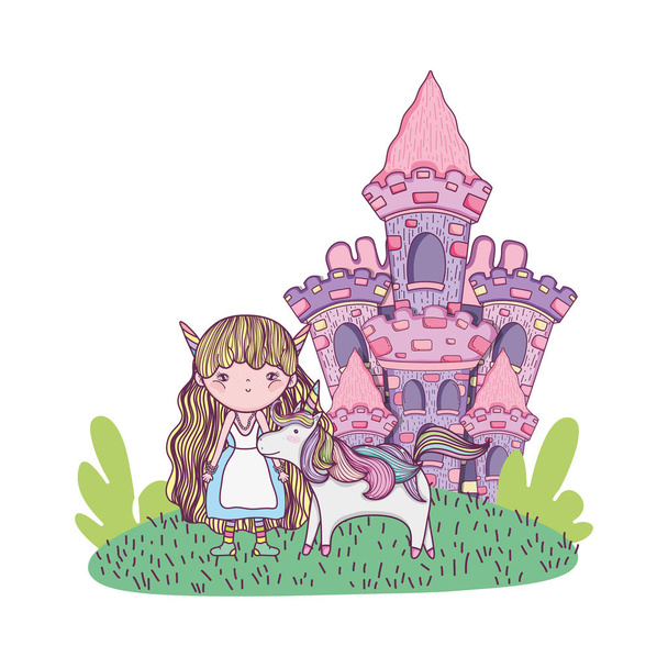 城とユニコーンとかわいい小さな妖精 - ベクター画像