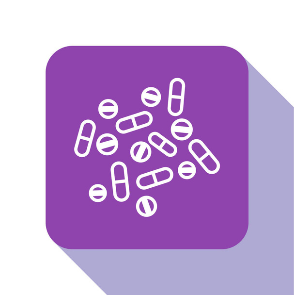 白い背景に隔離された白いライン医学の丸薬かタブレットのアイコン。カプセル薬と薬のサイン薬局の設計紫の四角形のボタンベクターイラスト - ベクター画像