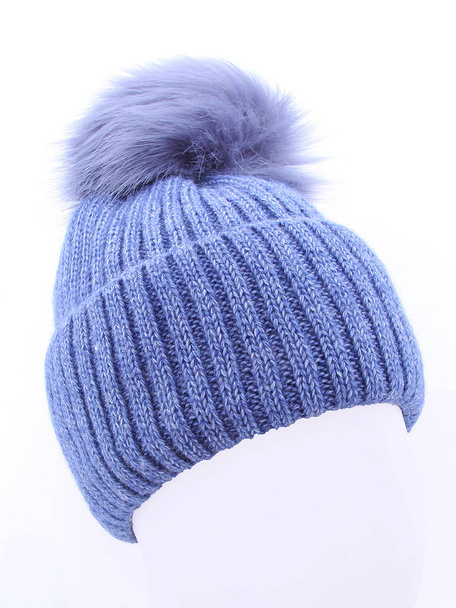 knitted blue hat isolated on white background. - 写真・画像