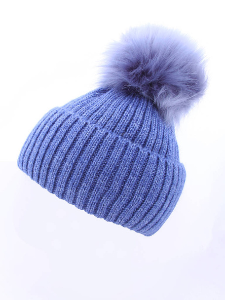 knitted blue hat isolated on white background. - 写真・画像
