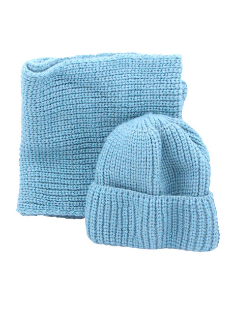 Knitted handmade clothing, wool hat, and a soft Snood in turquoise. Warm clothes for the winter season. The view from the top. - Photo, Image