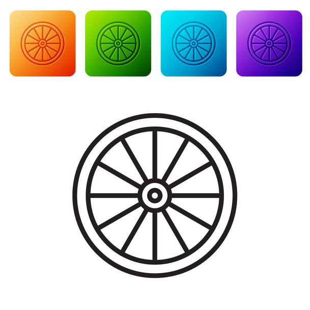 Línea negra Icono de rueda de coche aislado sobre fondo blanco. Establecer iconos en botones cuadrados de color. Ilustración vectorial
 - Vector, imagen