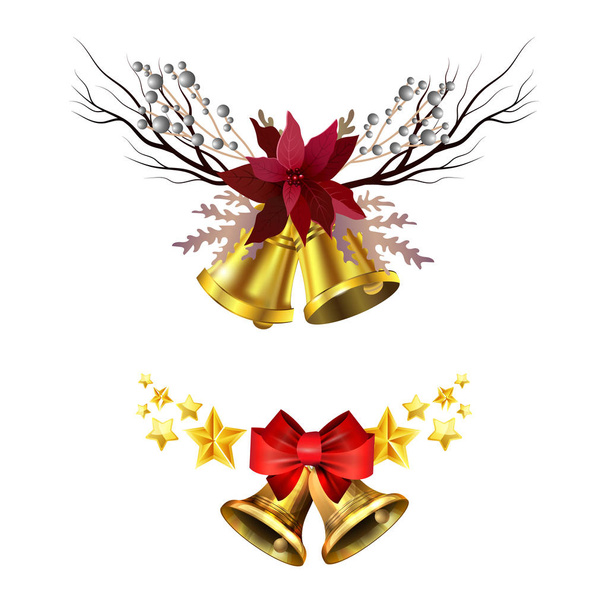 Kerstversiering met dennenboom gouden jingle bells - Vector, afbeelding
