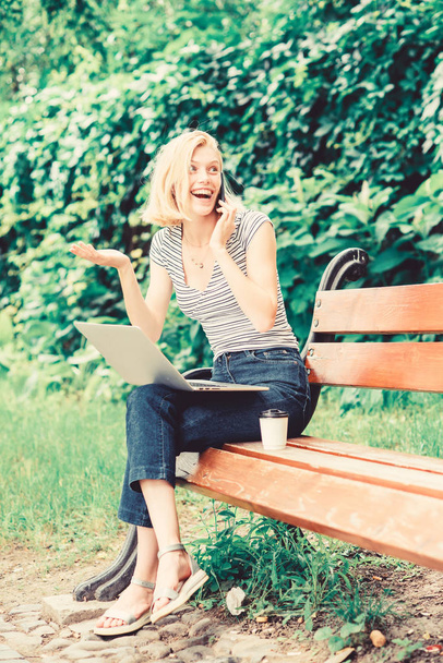 woman drink coffee. Inspiration for blogging. summer online. girl blogger write post for social network. woman with notebook blogging. girl runs her blog on notebook. Studying with help of device. - Zdjęcie, obraz