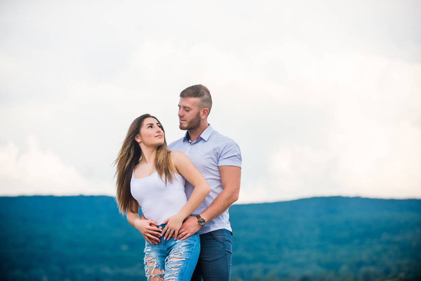 Together forever we two. Love story. Romantic relations. Cute and sweet relationship. Couple in love. Couple goals concept. Man and woman cuddle nature background. Family love. Devotion and trust - Fotografie, Obrázek